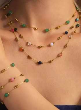 春夏新品彩色天然石切面项链手工玛瑙串珠手链套装高端个性配饰女
