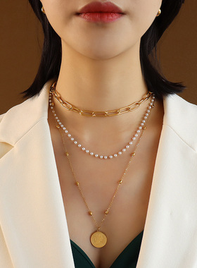 欧美Chorker锁骨链项链钛钢项链女三层叠戴珍珠女王吊坠项链P1004