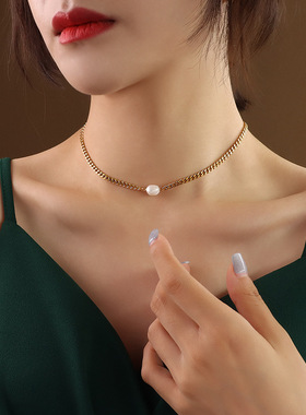 欧美颈链钛钢镀18k淡水珍珠