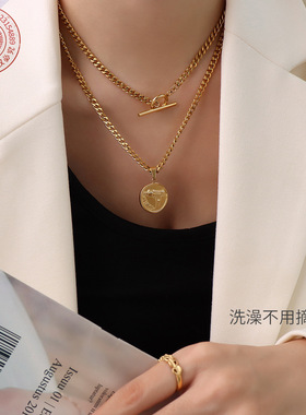欧美嘻哈夸张粗链双层钛钢项链