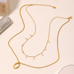 欧美法式轻奢不规则椭圆吊坠颈链珍珠流苏双层叠戴项链锁骨链女