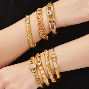 欧美ins镶钻几何手镯钛钢镀18K金卡扣手环女气质百搭轻奢手饰品女