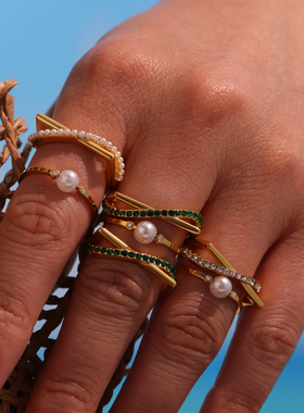 摩天轮ins满钻f交叉双层戒指不锈