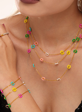 东莞钛钢饰品纯手工彩色小花日本进口琉璃珠项链手链气质高端套装