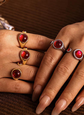 钛钢石榴石开口高端首饰个性气质戒指尾戒奢华优雅气质饰品镀金
