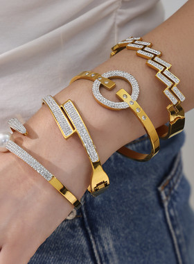 不锈钢几何超闪5A锆石满钻开口手