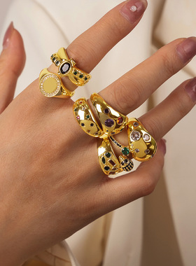 ins朋克风简约小众几何饰品镶嵌多色彩锆石设计感铜材质开口戒指