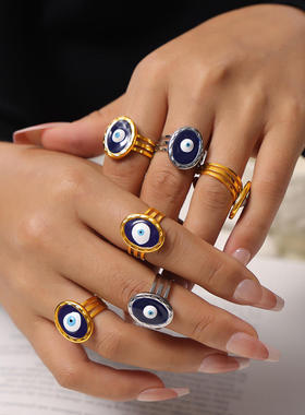 爆款欧美跨境蓝色滴油眼睛钛钢戒指民族风恶魔之眼设计尾戒饰品女
