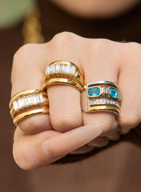 vintage长方形玻璃石几何戒指欧