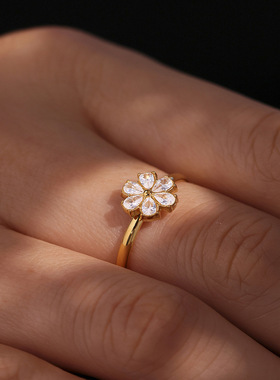5A锆石高端奢华水滴小花开口可调尺寸戒指钛钢镀18k金跨境ring女