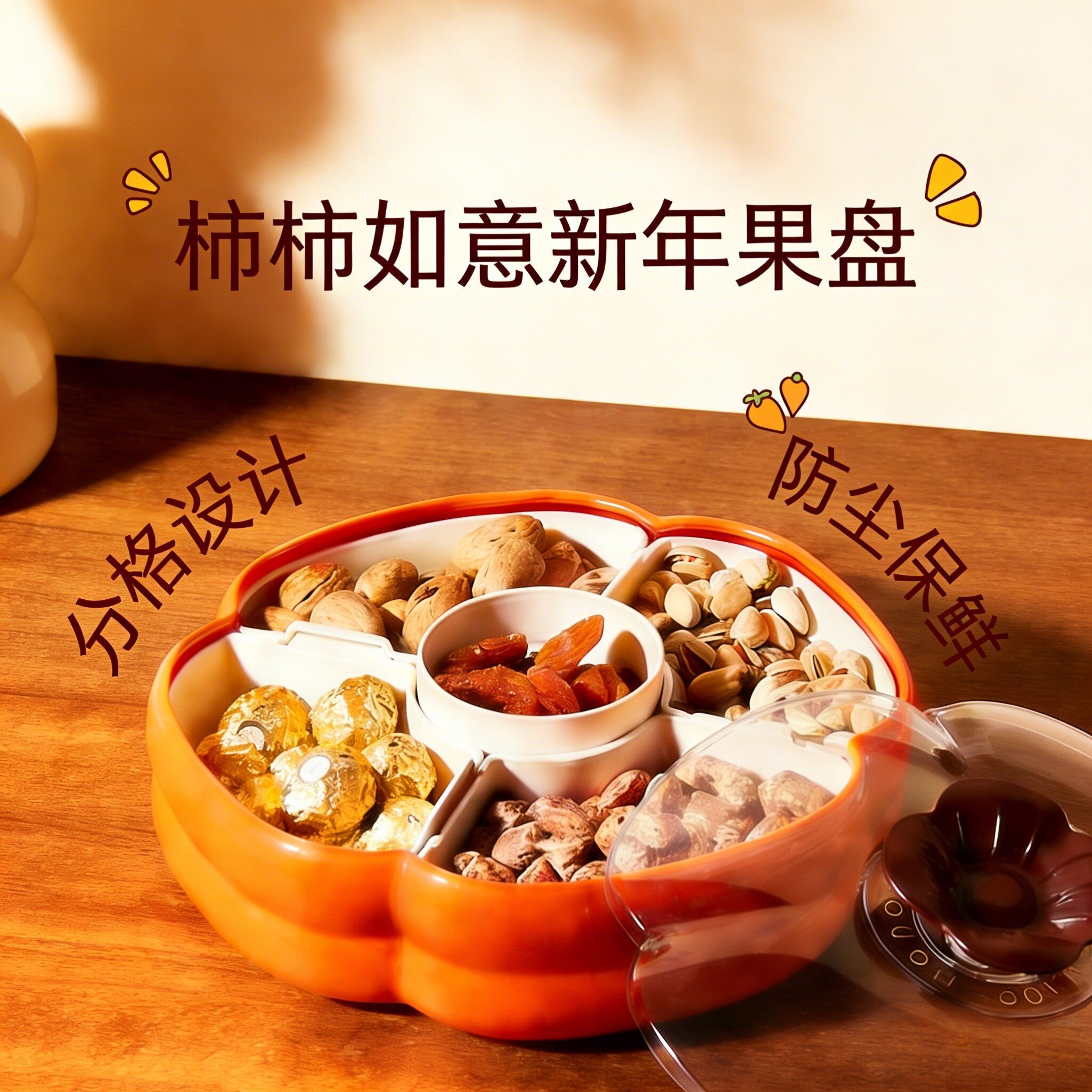 柿柿如意分格带盖果盒客厅茶几坚果糖果盒子中式家用客厅果盘
