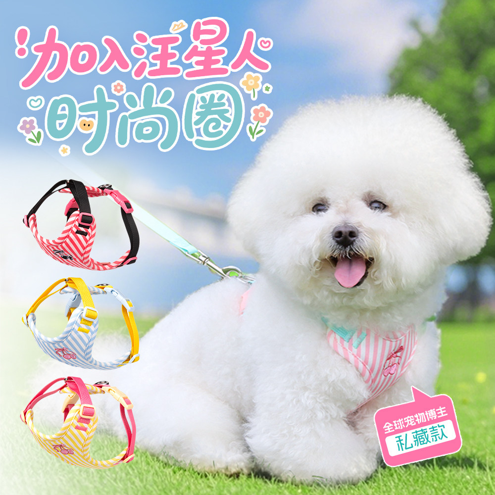 条纹狗狗牵引绳防挣脱宠物胸背带背心式可爱狗绳子小型犬轻量狗绳