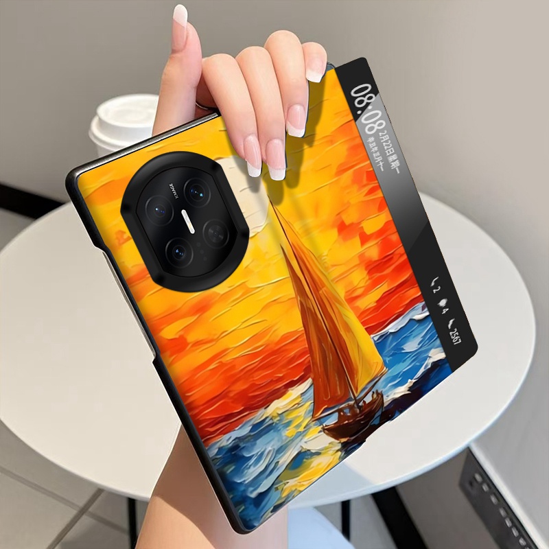 油画梵星适用华为MateX7手机壳翻盖全包皮套MateX6折叠屏磁吸智能视窗MateX5中轴MateX3铰链MateX2保护套