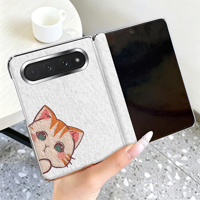 可爱猫咪适用小米18Fold手机壳全包中轴磁吸高级皮套电镀银色边框18 Fold折叠屏保护套个性超薄防摔手机套