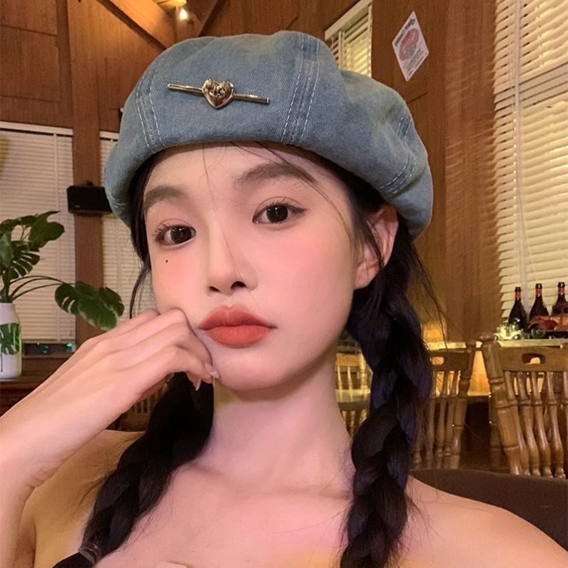 贝雷帽女爱心水洗牛仔八角帽薄款透气八角画家帽大头围显脸小帽子