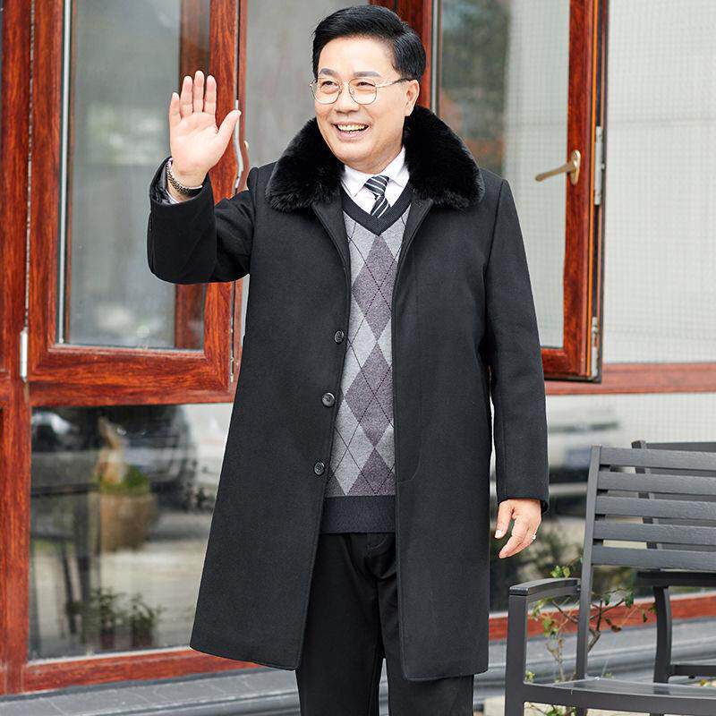 中老年人男士羊毛呢大衣加绒加厚中长款外套老人呢子风衣爸爸冬装