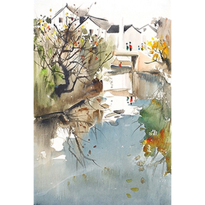 吴冠中江南水乡风茶几沙发油彩画