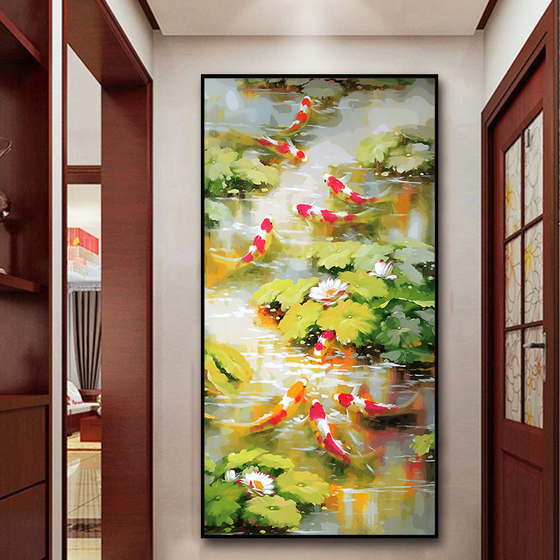 荷花九鱼图 荷塘风景diy数字油画手工填色油彩画 大幅玄关装饰画