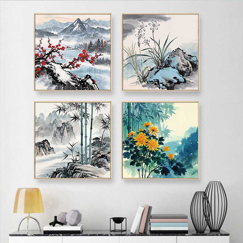 梅兰竹菊四君子diy数字油画手工填色油彩画 中式山水风景装饰画