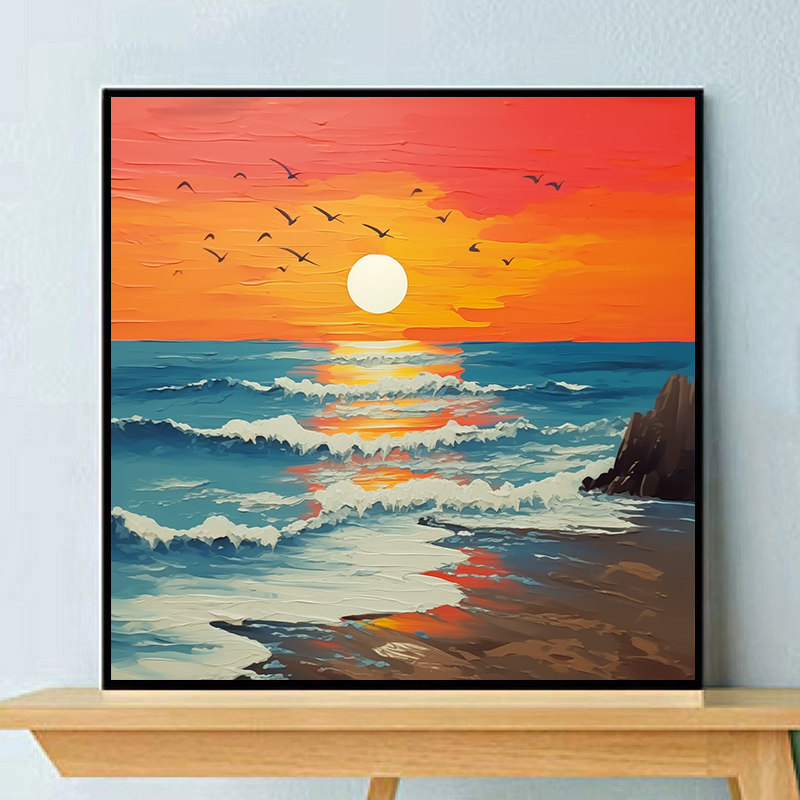夕阳海景海浪海鸥diy数字油画
