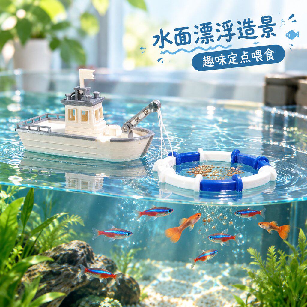 鱼缸造景漂浮小渔船喂食圈定点投喂水面装饰摆件3D打印