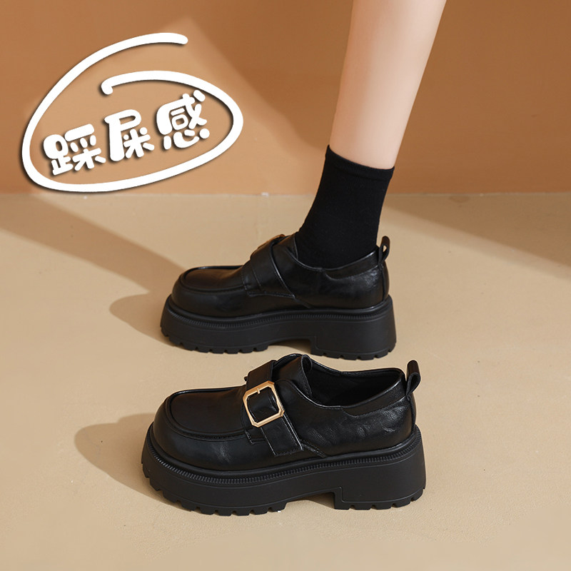 英伦风厚底乐福鞋女春季2026新款黑色一脚蹬百搭小皮鞋魔术贴单鞋,女鞋,乐福鞋（豆豆鞋）,淘宝优惠券,粉丝福利购,淘宝优惠卷