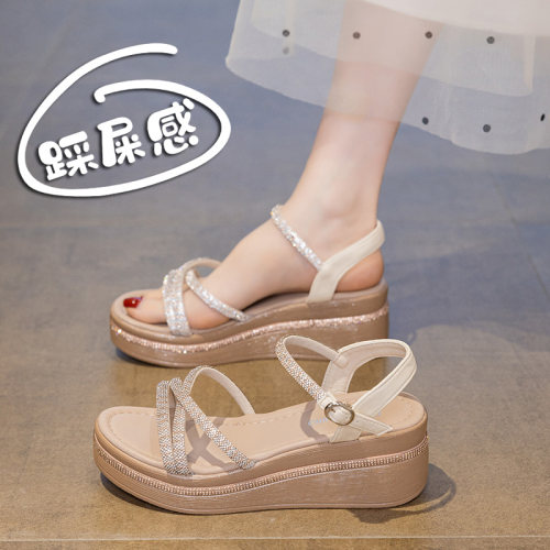 厚底楔型水钻鞋一字带凉鞋女夏外穿小个子显高配裙子时尚罗0512k