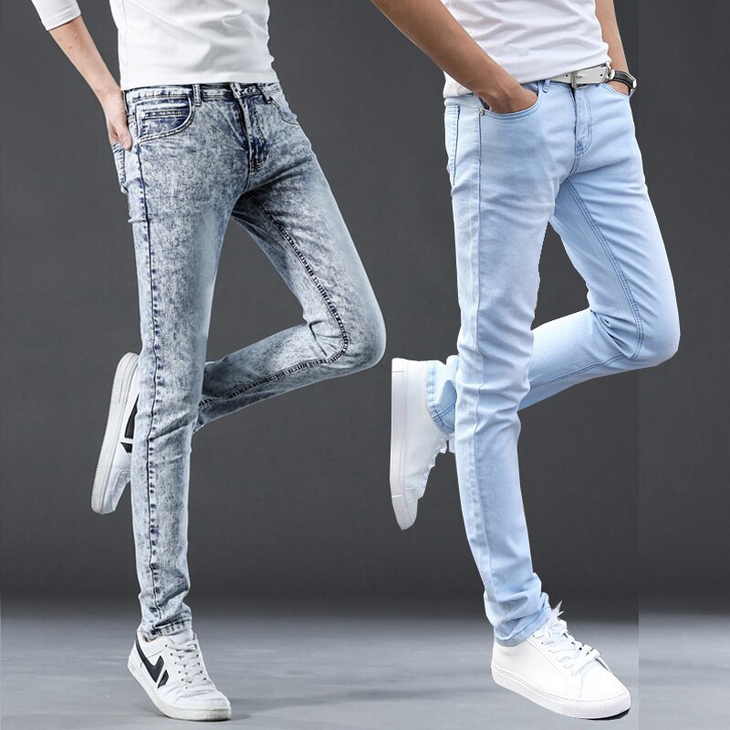 春秋季浅蓝色牛仔裤男青年修身加绒加厚保暖休闲裤直筒小脚裤子男