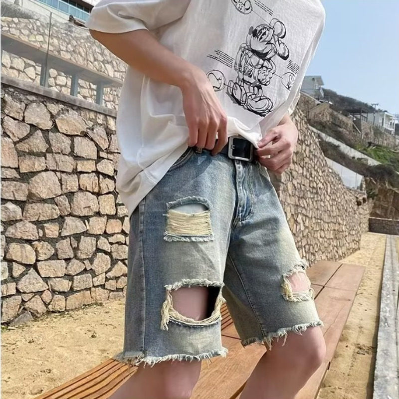 夏季薄款ins潮流短裤男百搭高街破洞牛仔五分裤沙滩oversize马裤 - 实物图