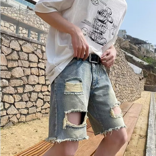 夏季薄款ins潮流短裤男百搭高街破洞牛仔五分裤沙滩oversize马裤