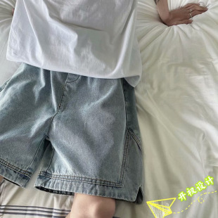 oversize美式复古牛仔短裤男夏季vibe风潮流五分裤跑步开叉直筒裤