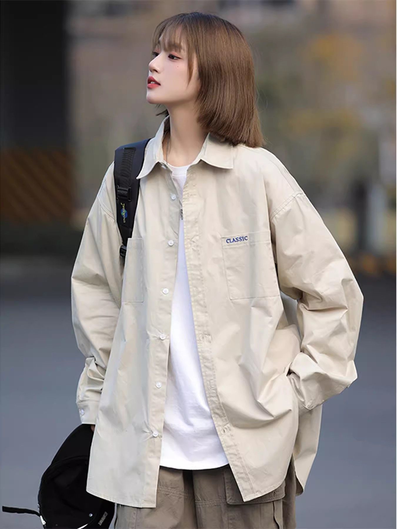 白衬衫女春秋款设计感小众ins宽松长袖上衣休闲内搭美式衬衣外套_虎窝淘