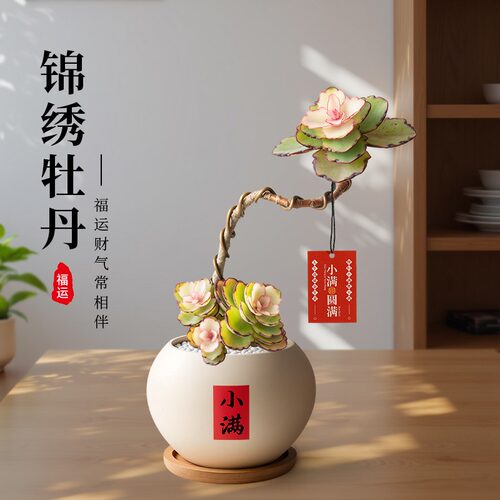 造型锦绣牡丹多肉植物盆栽带盆中式书房桌面装饰招财风水摆件送礼