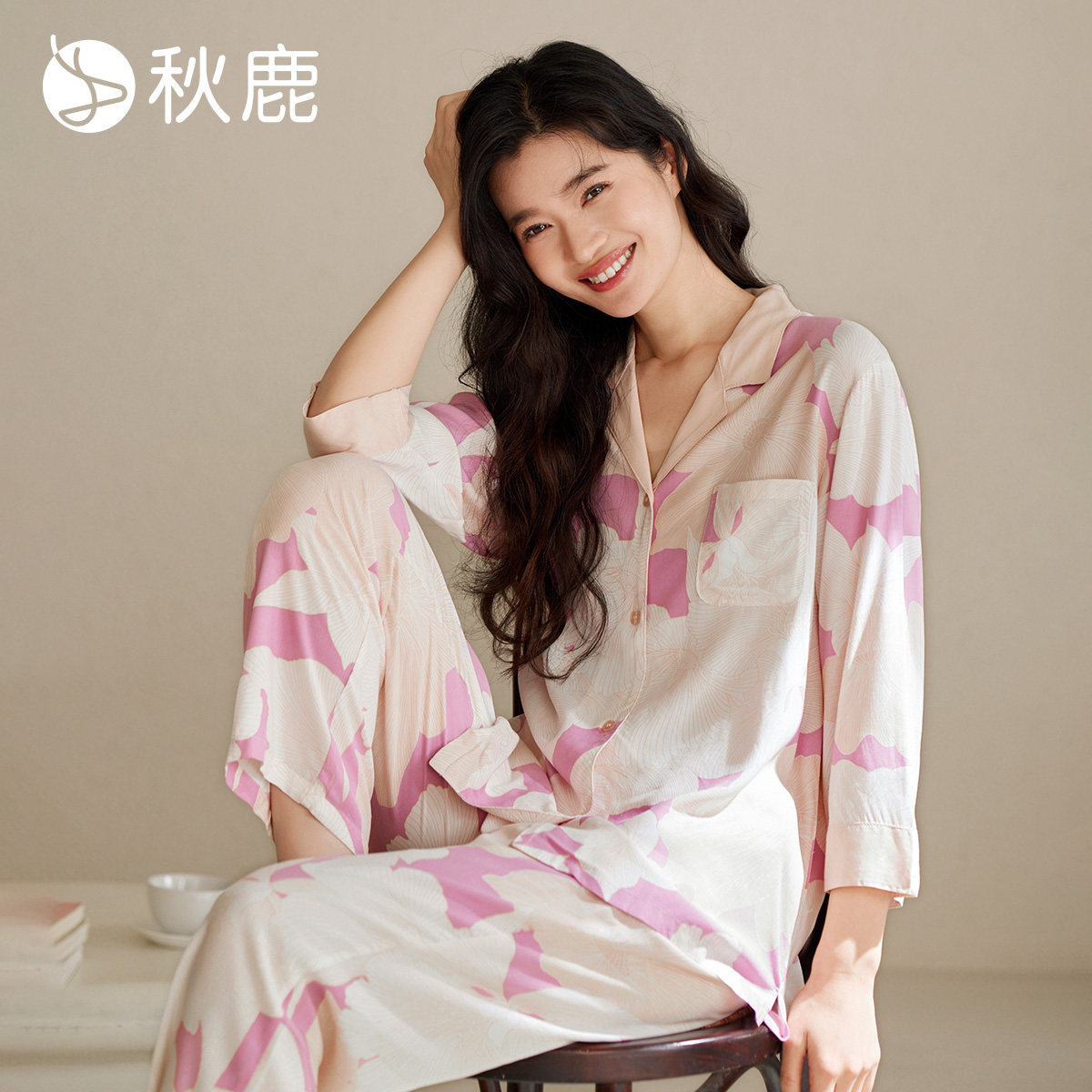 秋鹿梭织人棉贡缎睡衣女2025春夏季浪漫法式碎花七分袖家居服套装