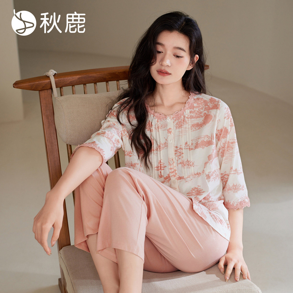 秋鹿【新中式】纯棉睡衣女2025春夏季七分袖田园画蕾丝花边家居服