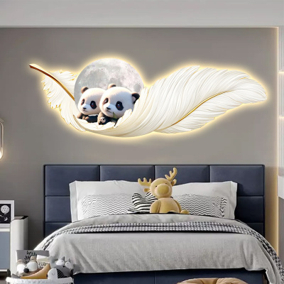 现代儿童房床头装饰画男孩房布置壁画可爱熊猫羽毛卧室挂画