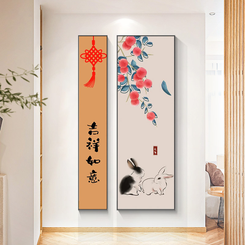 吉祥如意入户玄关装饰画新中式客厅柿子挂画双联竖版走廊过道壁画
