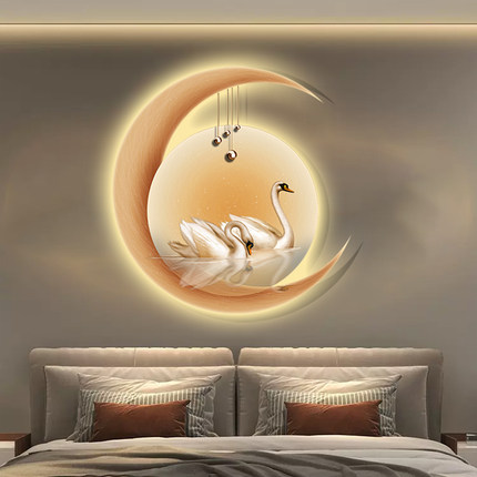 轻奢温馨卧室床头装饰灯画现代简约天鹅主卧圆形挂画高级感led画