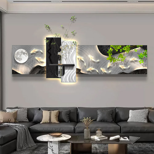 九鱼图客厅装饰画高级感水培绿植