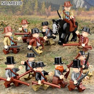 国产积木西部牛仔斗牛枪战战马小颗粒人仔男孩拼装积木玩具