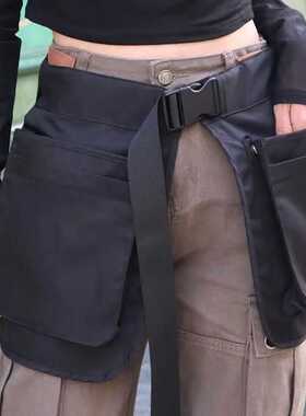 小众多功能男女通用多拉链口袋腰封户外运动休闲黑色布料围裙腰包