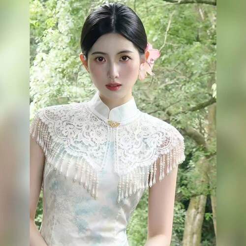 蕾丝百搭流苏披肩汉服优雅珍珠云肩复古旗袍重工改良古风中式配饰
