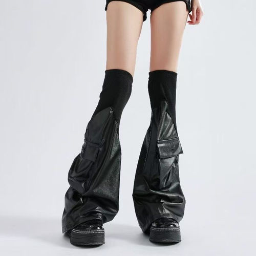 y2k暗黑风立体口袋皮质拼接过膝腿套女朋克机能风显瘦袜套