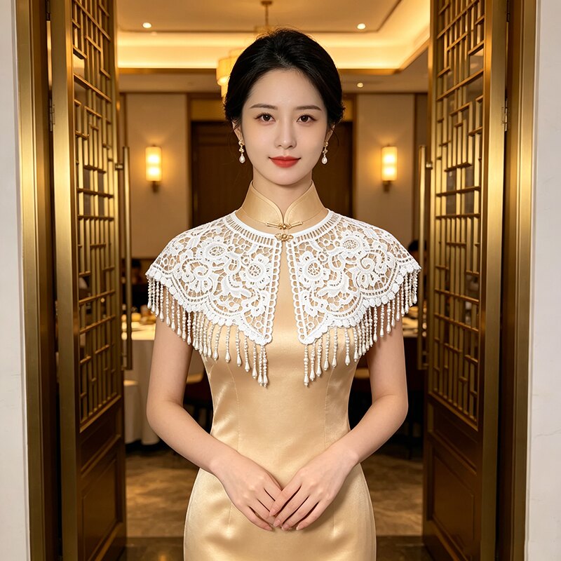 新中式改良蕾丝珍珠流苏云肩披肩女复古旗袍配饰外搭年轻款图片