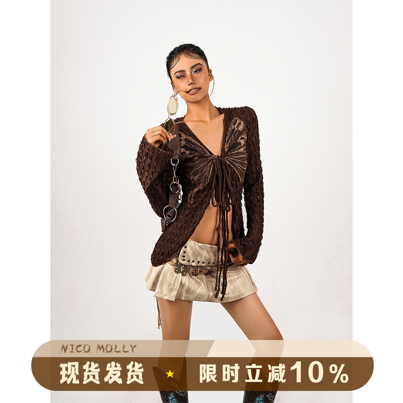 蝴蝶绑带辣妹上衣部落感古风开衫