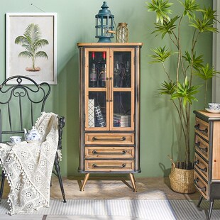 美式工业风d覆古斗柜实木家用客厅多功能收纳柜双开门铁皮展示柜
