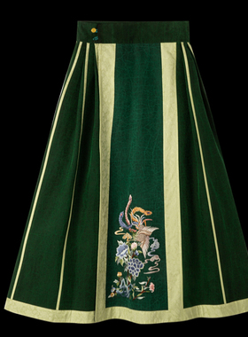 （舜亿轻奢）刺绣绿色高腰马面裙日常百褶V325