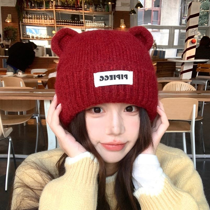 小熊针织帽子女红色秋冬季可爱保暖护耳显脸小毛线大头围包头冷帽