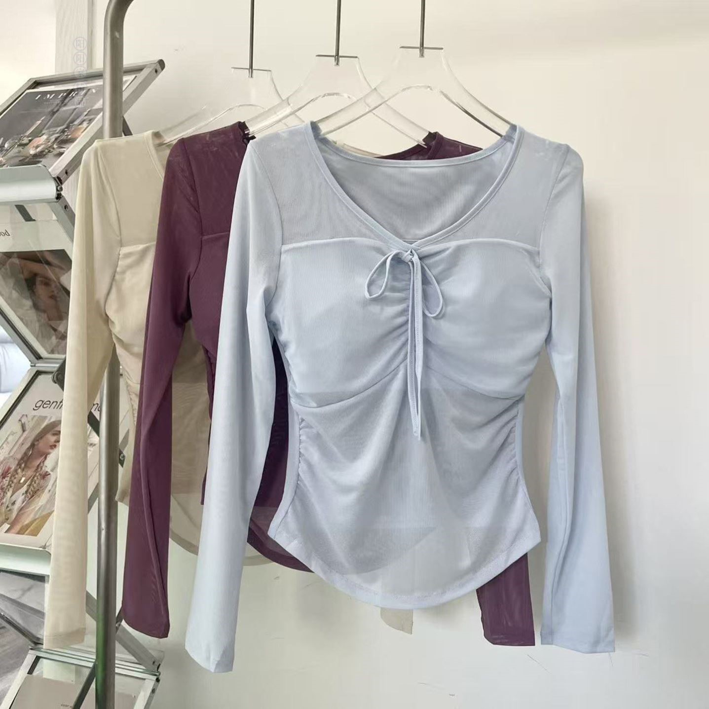 运动长袖带胸垫辣妹瑜伽服网纱健身服假两体普拉提服一体速干上衣