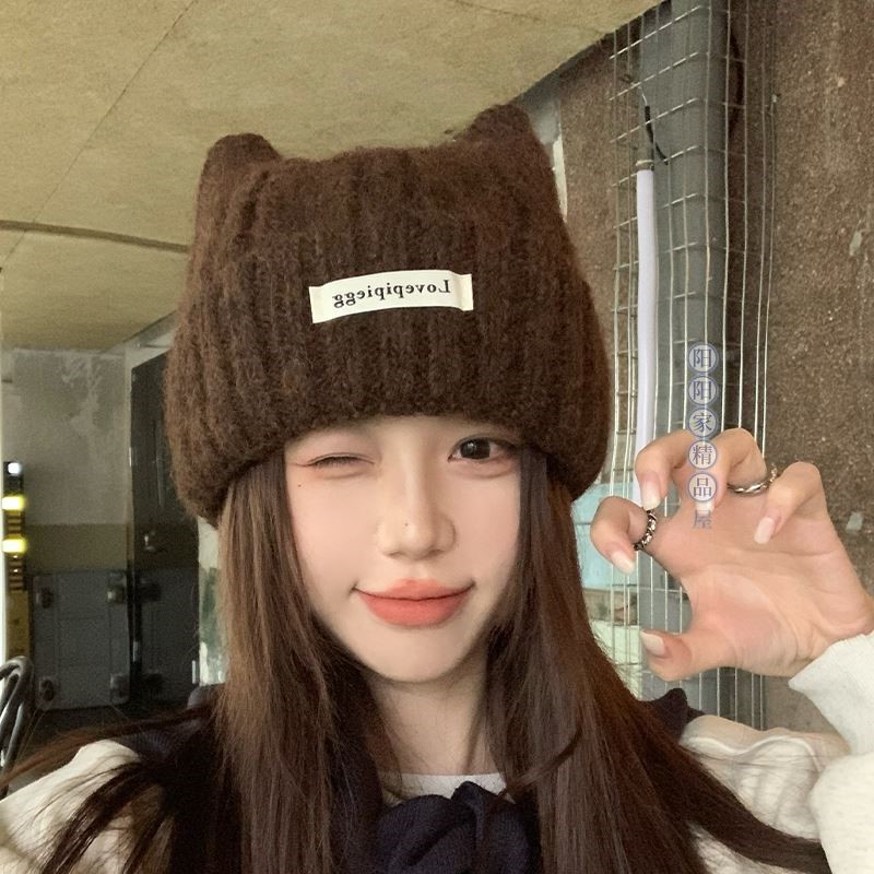 毛线帽子女秋冬季2025新款可爱加厚保暖护耳大头围猫耳朵针织冷帽